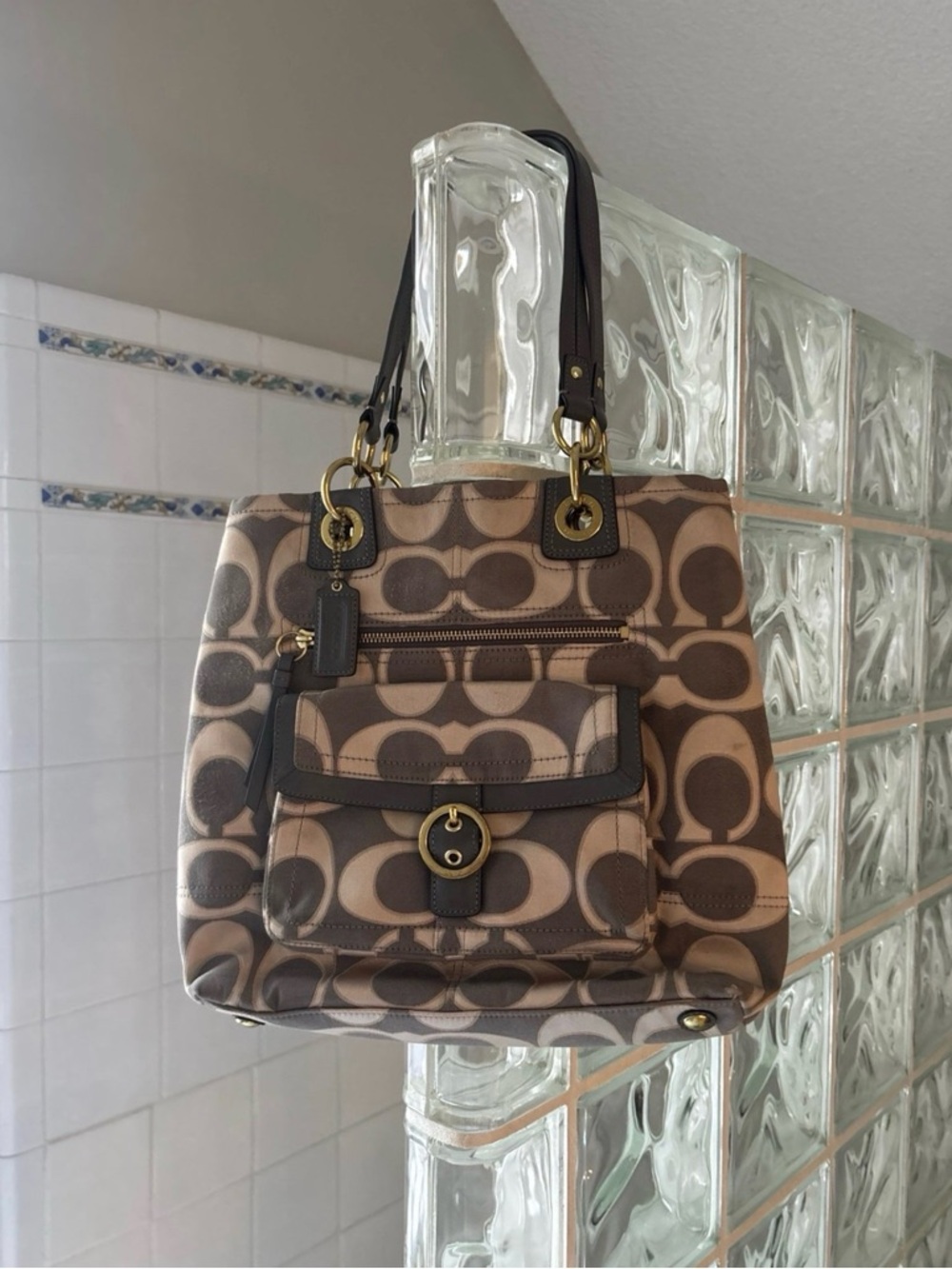 Vintage Coach Brown Signature Canvas Tote with Front Pocket